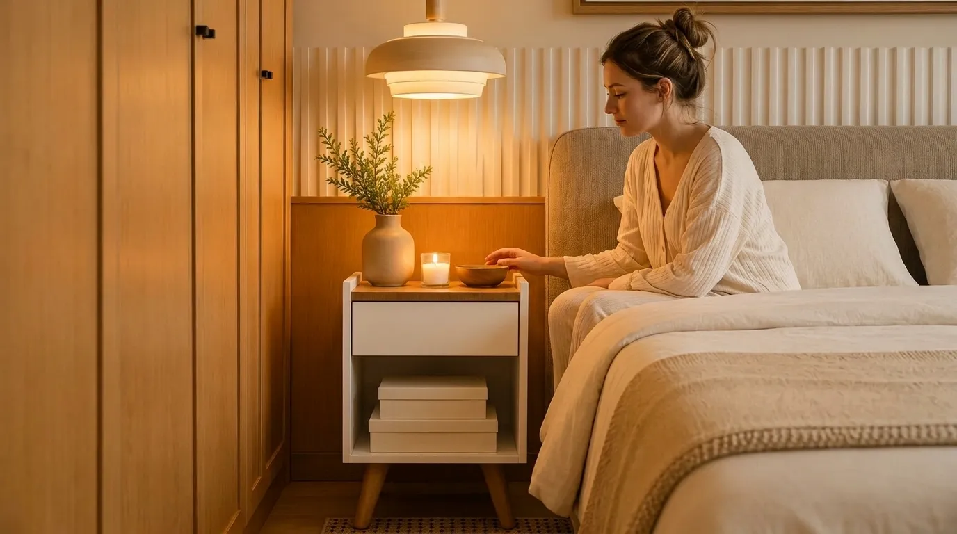 Mesa de cabeceira compacta com design moderno para quartos pequenos