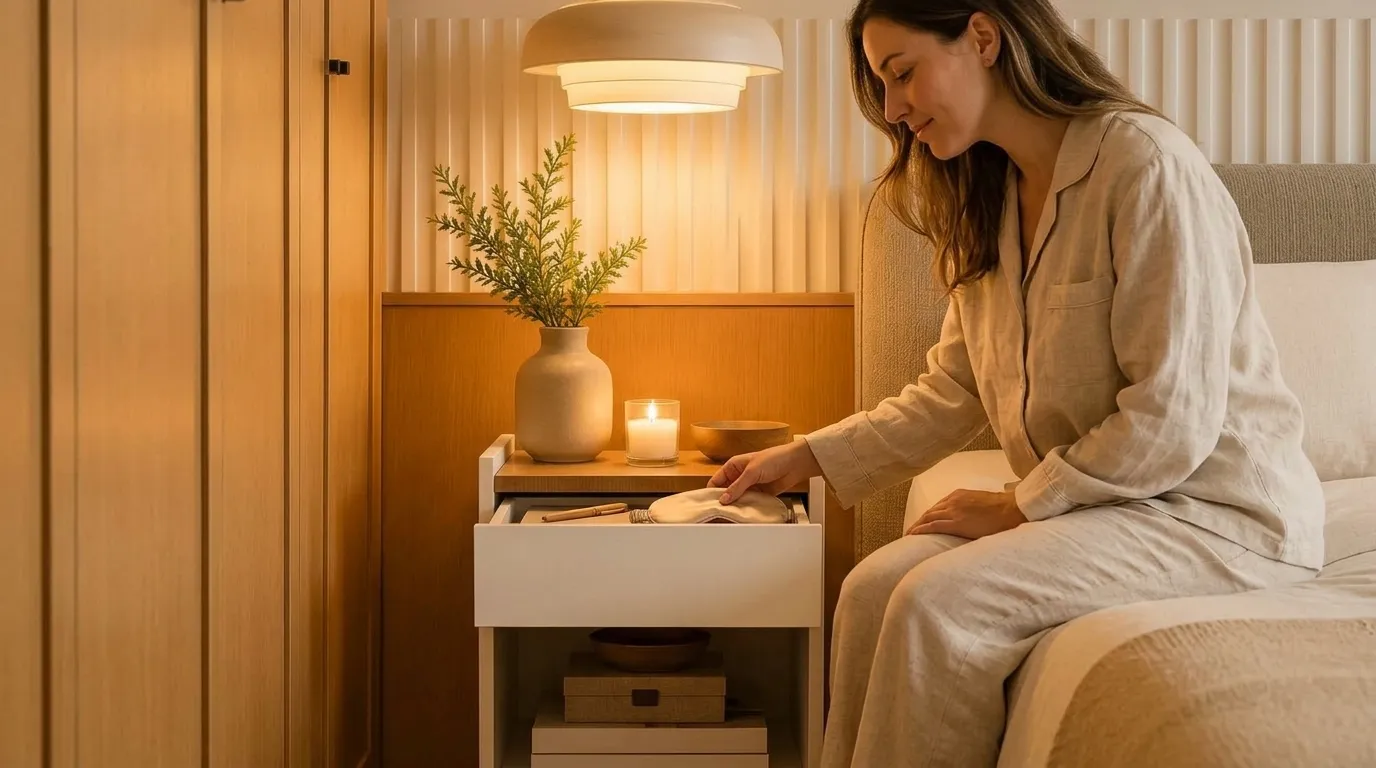 Mesa com cabeceira integrada com decoração sustentável e plantas