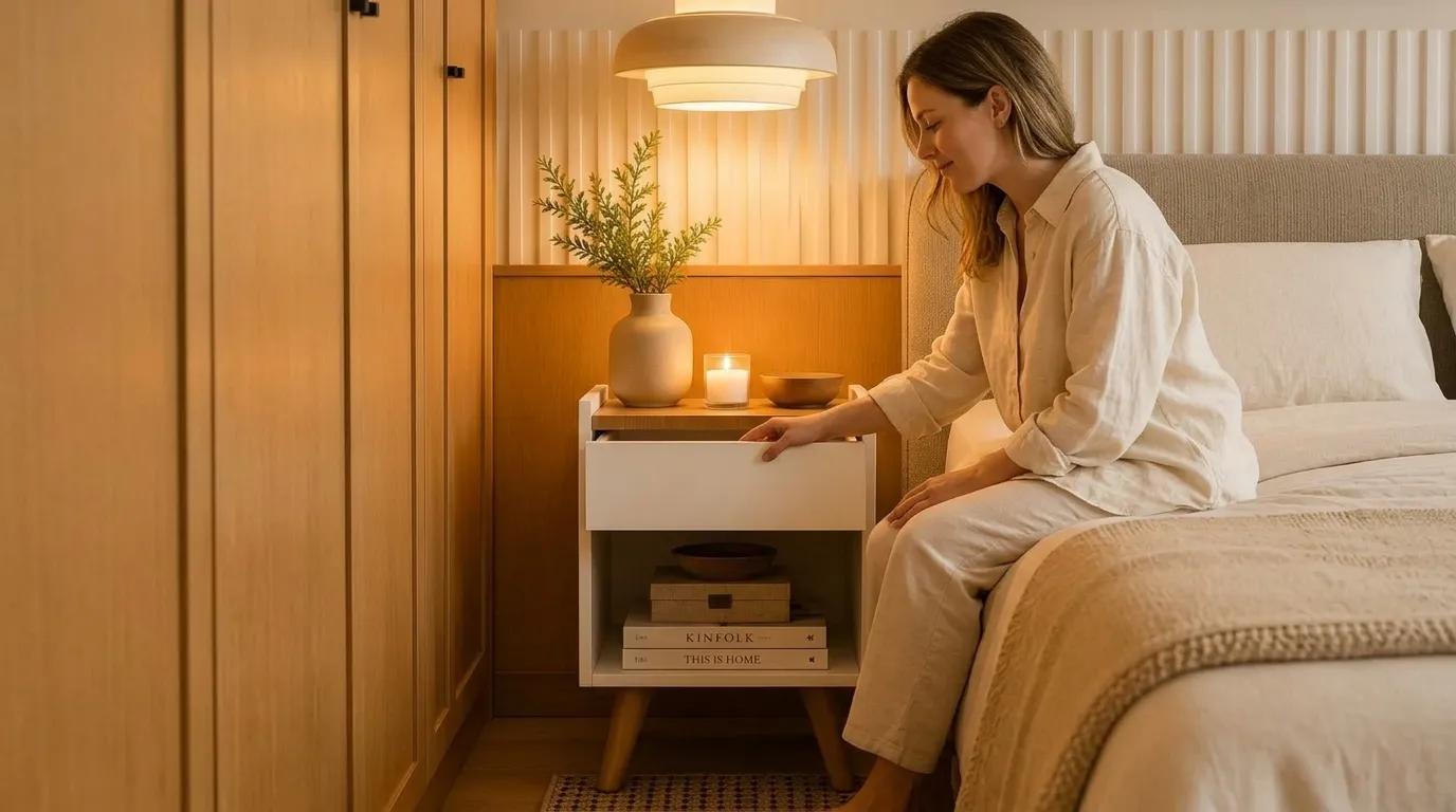 Mesa com cabeceira integrada decorada com plantas e elementos naturais