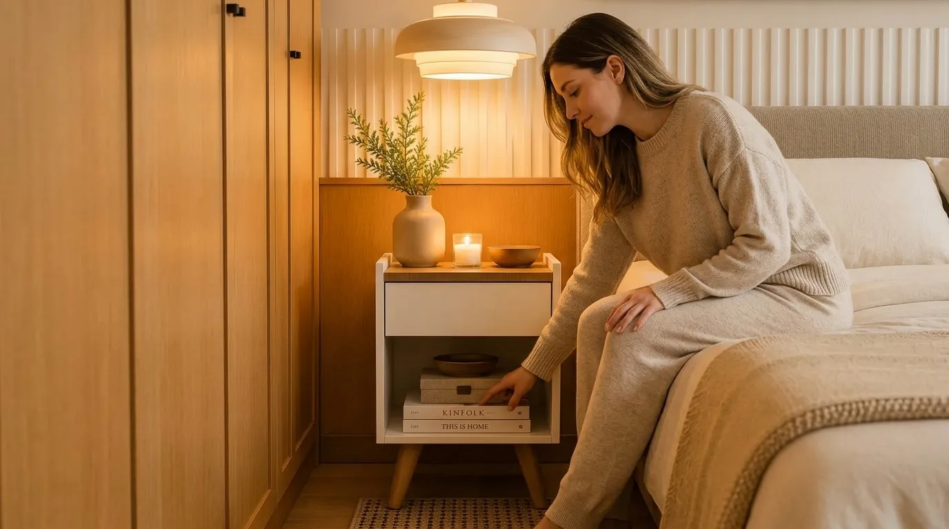 Mesa de cabeceira organizada com plantas e decoração natural